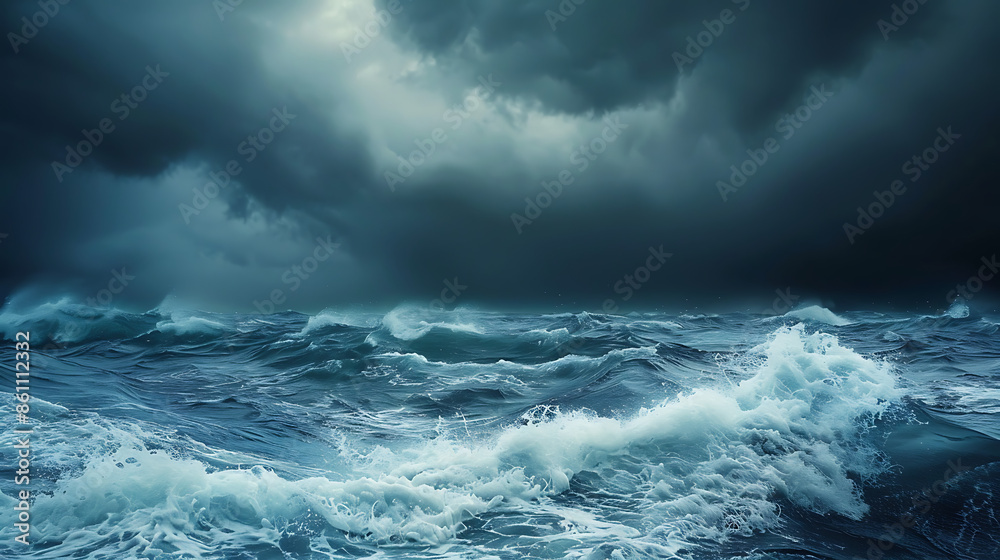 Fototapeta premium Stormy winds at sea, high waves, overcast sky