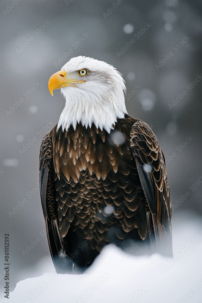 Majestic bald eagle standing in falling snow Majestic bald eagle standing in falling snow