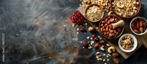 Fototapeta Naklejka Na Ścianę i Meble -  bar with homemade cereals, nuts and dried fruits on a wooden board with ingredients scattered nearby with hard shadows. taken with a natural light source. Copy space image