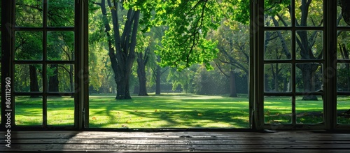 green park window sun table . Copy space image. Place for adding text and design