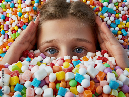 The concept of children's overconsumption of sugar, prevention allergic reaction to sugar or diabetes mellitus. The child is surrounded by a huge amount of sugary candy and sweets