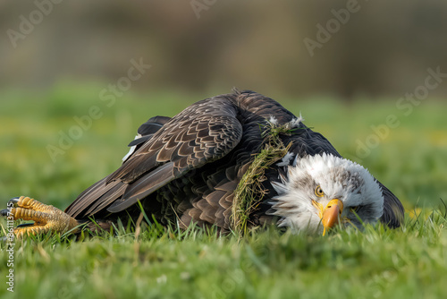 Majestic bald eagle relaxing in the grass on sunny day