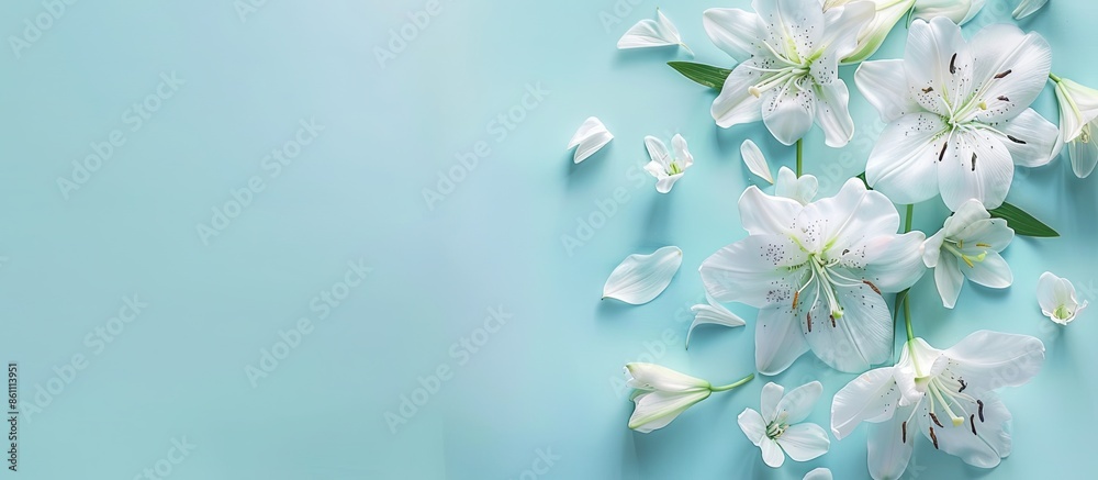 Nature flower background. Flowering white lilies on pastel background. Blue toned. Horizontal banner. Copy space image. Place for adding text and design