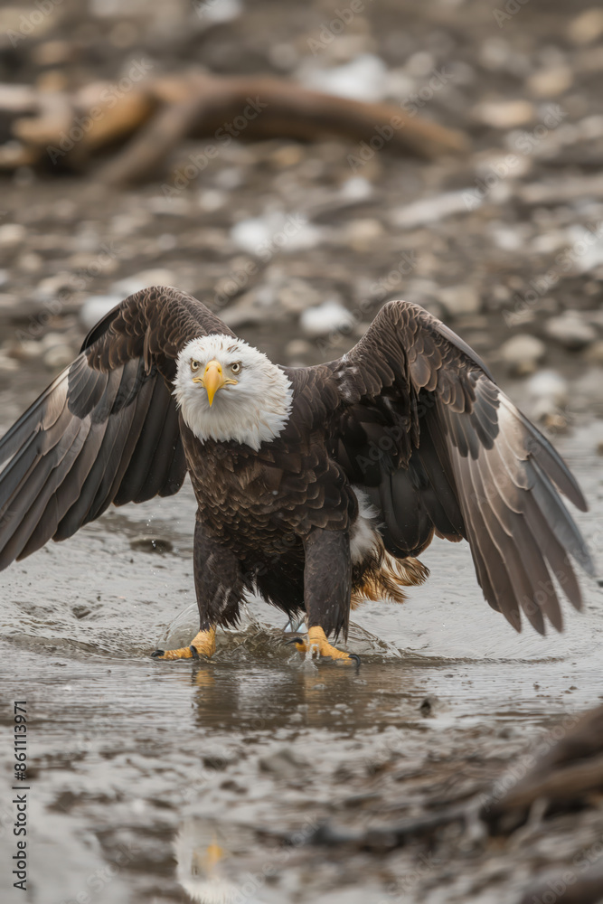 Majestic bald eagle landing on muddy river bank Majestic bald eagle landing on muddy river bank