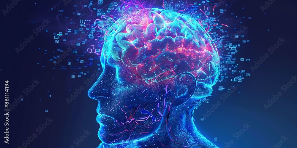 A detailed illustration of the human head with an illuminated brain, filled with glowing data points and digital code symbols, representing artificial intelligence. The background is a dark blue, 2:1 A detailed illustration of the human head with an illuminated brain, filled with glowing data points and digital code symbols, representing artificial intelligence. The background is a dark blue, 2:1