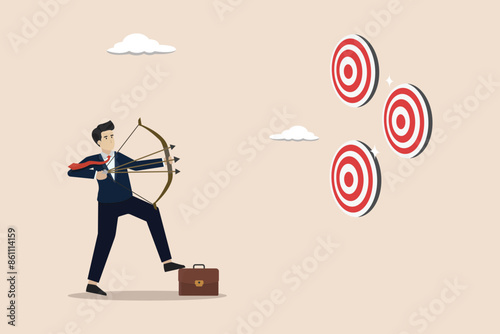 Multitasking or multiple purpose strategy, aiming for many business targets, achieving success in work concept, businessman aiming multiple bows on three targets.