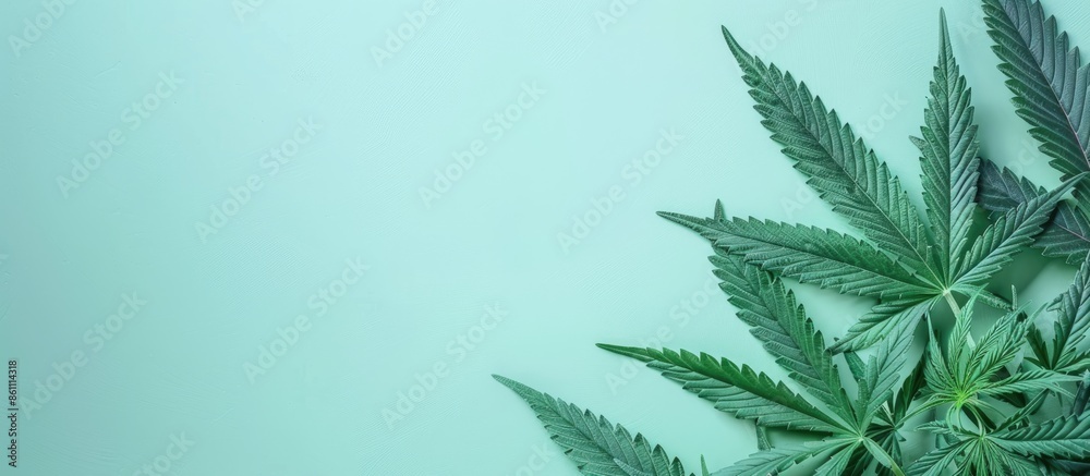 Green cannabis leaves Isolated on pastel background. Growing medical marijuana. Copy space image. Place for adding text and design Green cannabis leaves Isolated on pastel background. Growing medical marijuana. Copy space image. Place for adding text and design