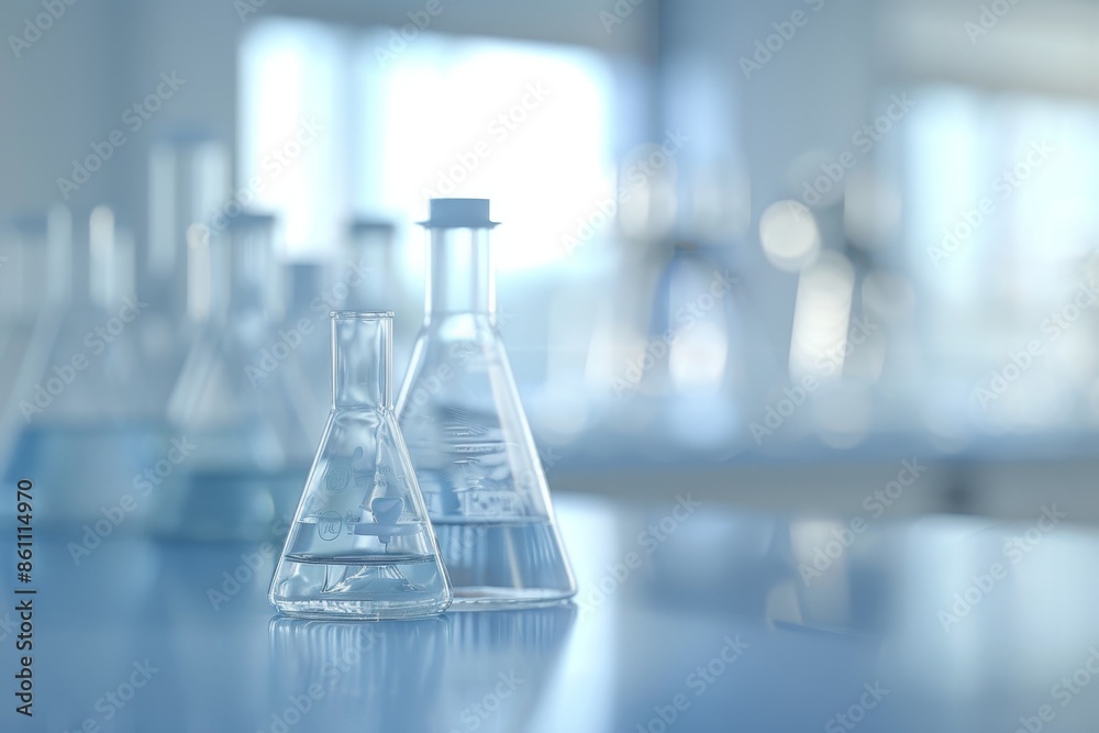 Blue science laboratory background with water in a beaker and flask Blue science laboratory background with water in a beaker and flask