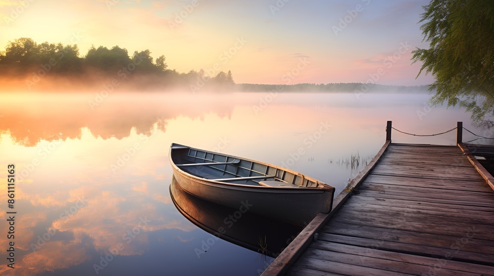 A tranquil sunrise over a still lake, with a lone boat A tranquil sunrise over a still lake, with a lone boat