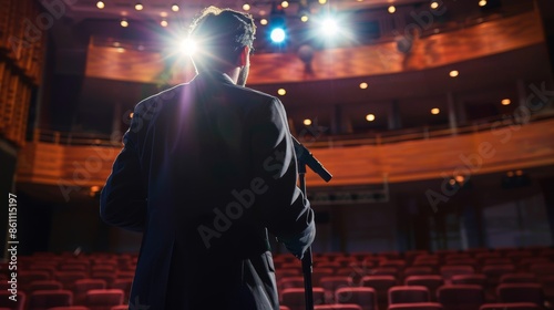 A nervous speaker standing in front of a microphone on a stage, facing the audience with anxiety and anticipation photo