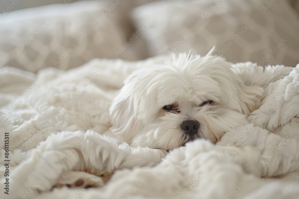 cozy white dog resting on a fluffy blanket cozy white dog resting on a fluffy blanket