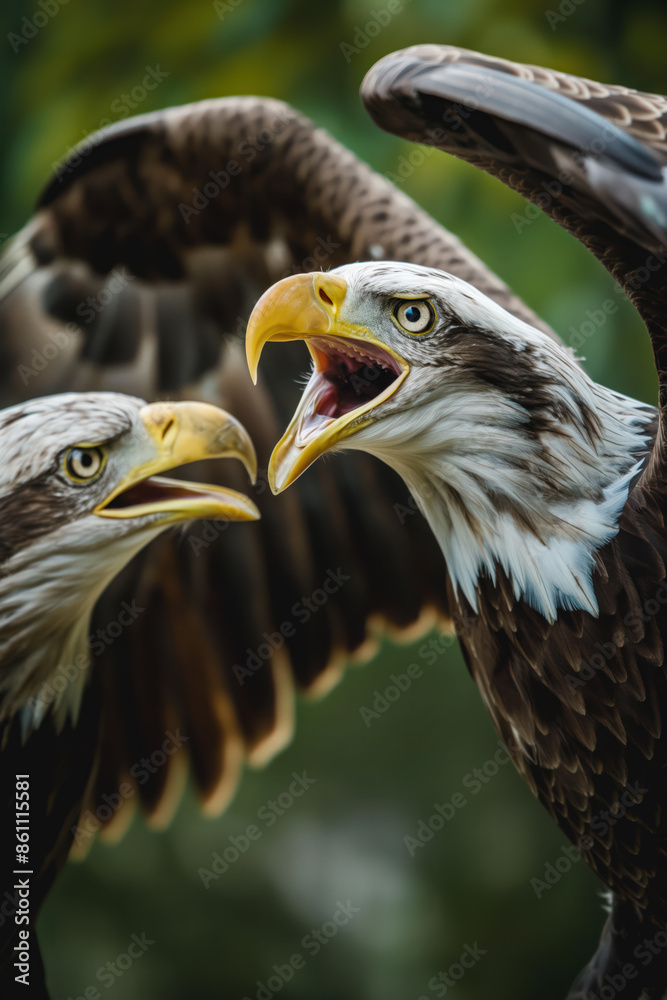 Two bald eagles communicating with open beaks Two bald eagles communicating with open beaks