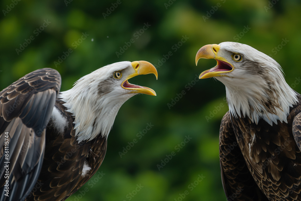 Obraz premium Two bald eagles communicating with open beaks