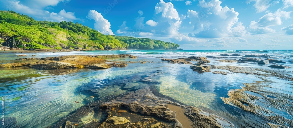 tide pool with beautiful textures, sunlight reflections dancing, waves from the sea rolling in, blue sky with green jungle forest. Copy space image. Place for adding text or design tide pool with beautiful textures, sunlight reflections dancing, waves from the sea rolling in, blue sky with green jungle forest. Copy space image. Place for adding text or design