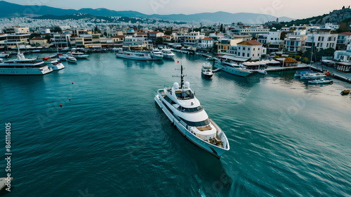 Aerial drone photo of beautiful yacht manoeuvring inside round port of Zea or Passalimani a safe anchorage in seaside area of Piraeus Attica Greece : Generative AI photo