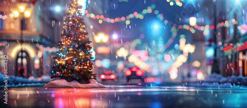 Christmas tree on the street. new year atmosphere. Copy space image. Place for adding text and design
