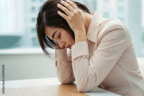 Sad Asian businesswoman is sitting at a table with her head in her hands. She is upset or stressed © polack