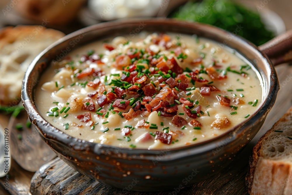 A bowl of creamy clam chowder, garnished with crispy bacon bits and fresh chives, served with a slice of sourdough bread. A bowl of creamy clam chowder, garnished with crispy bacon bits and fresh chives, served with a slice of sourdough bread.
