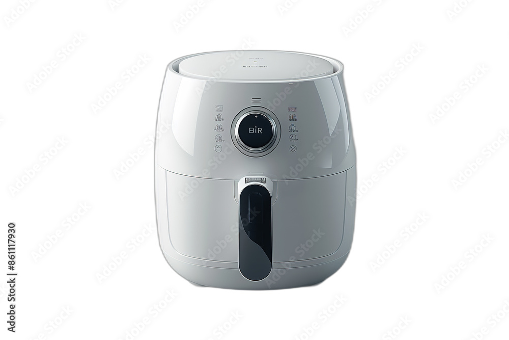 A white air fryer appliance with a control panel and a viewing window on a transparent background A white air fryer appliance with a control panel and a viewing window on a transparent background