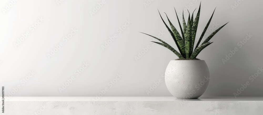 Beautiful sansevieria plant in pot on white table. Copy space image. Place for adding text and design Beautiful sansevieria plant in pot on white table. Copy space image. Place for adding text and design