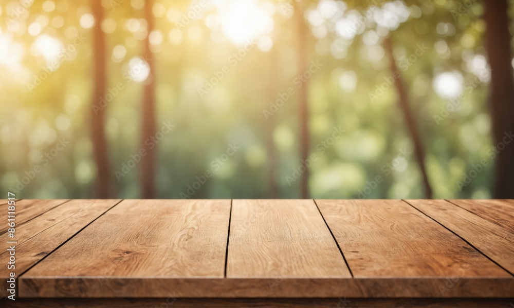 Wooden table with blurred forest background Wooden table with blurred forest background