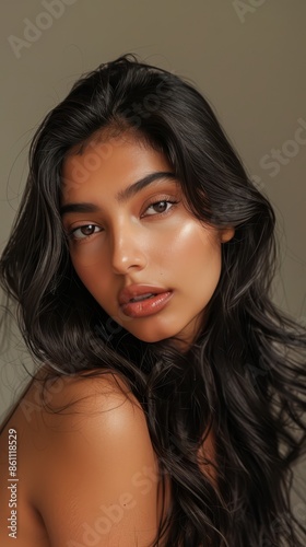 Portrait of a young woman with dark hair and brown eyes