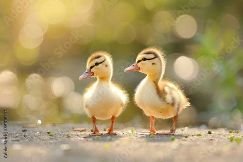 Two baby ducks standing next to each other on a rock