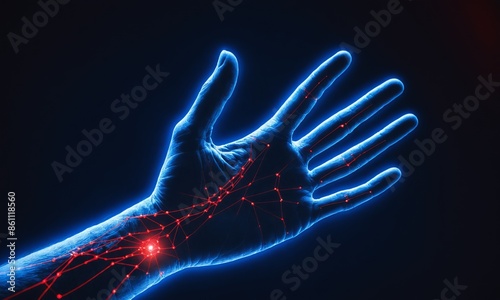 Close-up view of a hand with glowing lines