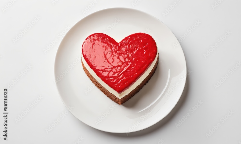 Heart-shaped cake with red frosting on white plate Heart-shaped cake with red frosting on white plate