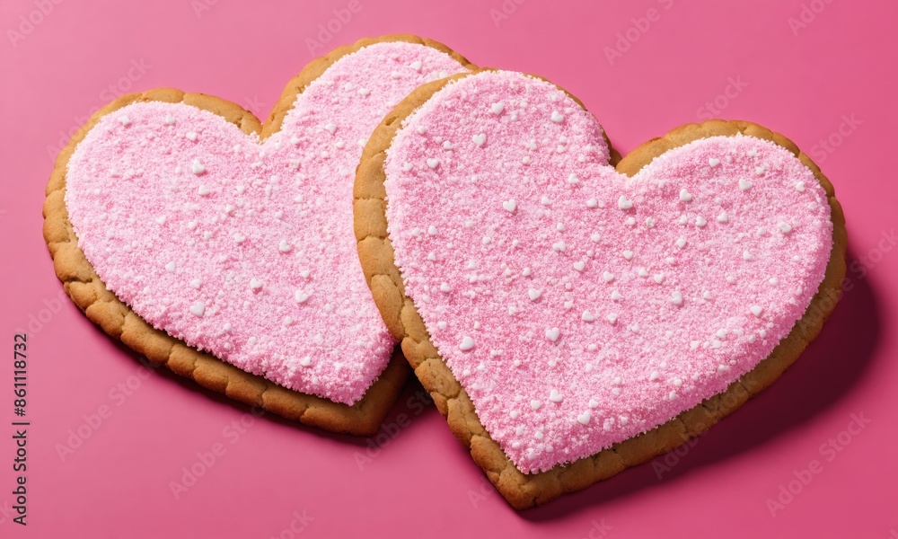 Two pink heart-shaped cookies with sprinkles on pink background Two pink heart-shaped cookies with sprinkles on pink background
