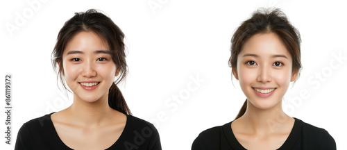 Passport size photo of young woman in black t-shirt isolated