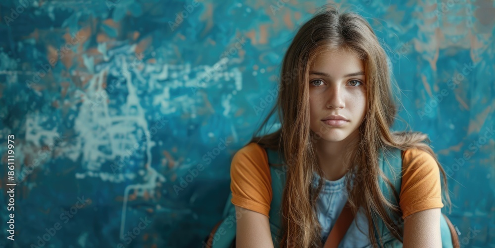 Fototapeta premium Teen Student with Backpack Against Artistic Blue Background