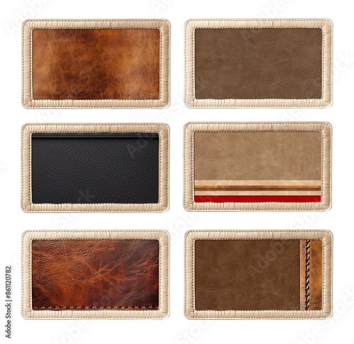 Set of leather elements. Collection of leather tag and label of black, beige and brown color. Isolated on white background