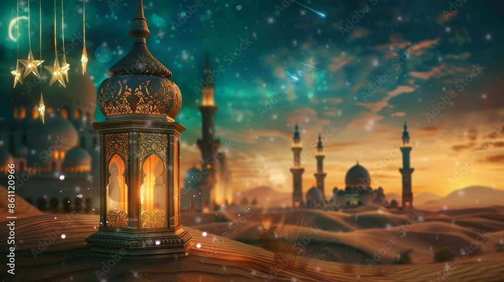 mosque and lampion at night. Virtual 4K video animation background with looping time lapse with very smooth graphics.
