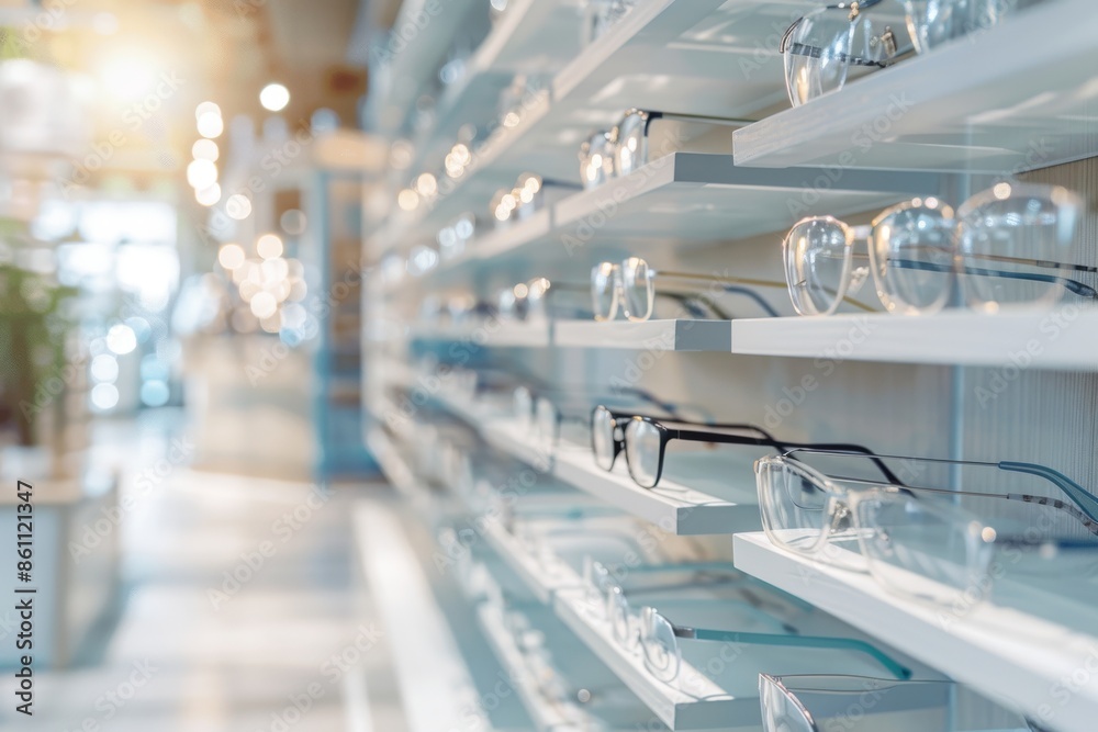 In an optician shop, there is a wall rack that has different glasses for sale In an optician shop, there is a wall rack that has different glasses for sale