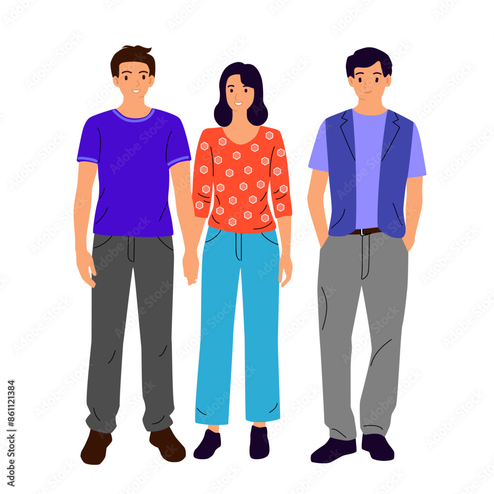 Set of two men and woman, different colors, cartoon character, group silhouettes of standing business people, students, design concept of flat icon, isolated on white background Set of two men and woman, different colors, cartoon character, group silhouettes of standing business people, students, design concept of flat icon, isolated on white background