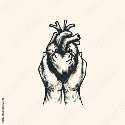 vintage  illustration hand holding human heart. hand drawn heart ink sketch illustration isolated background