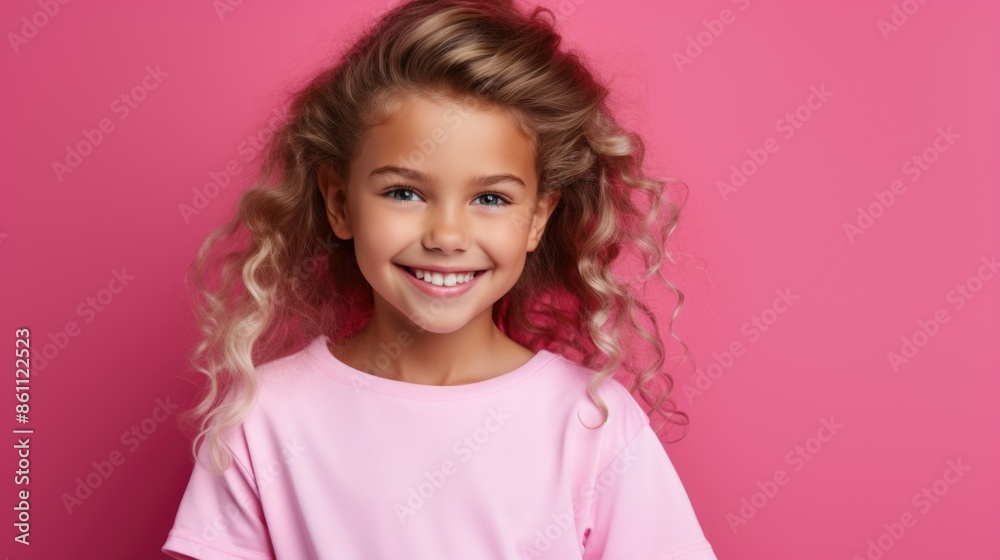 Smiling Girl with Wavy Hair and Pink Shirt Standing Against Pink Background Smiling Girl with Wavy Hair and Pink Shirt Standing Against Pink Background