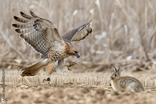 Red-tailed hawk landing near cottontail rabbit