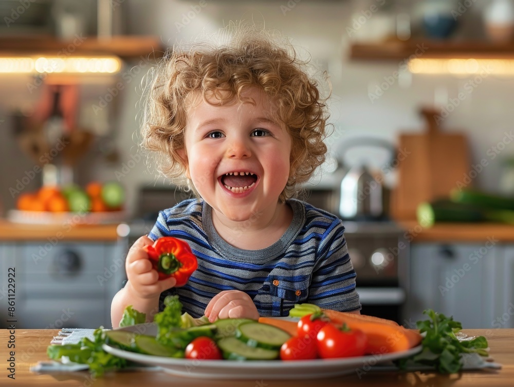 Happy Child Eating Fresh Vegetables in Kitchen Happy Child Eating Fresh Vegetables in Kitchen