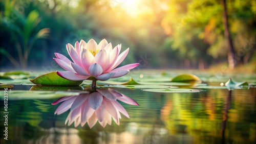 Gentle lotus flower on a still water surface with copy space for text