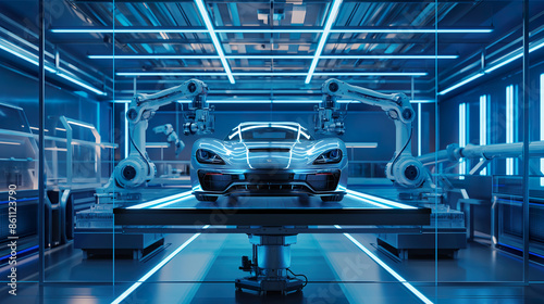 Robotic arms assembling sports car in automated high tech factory