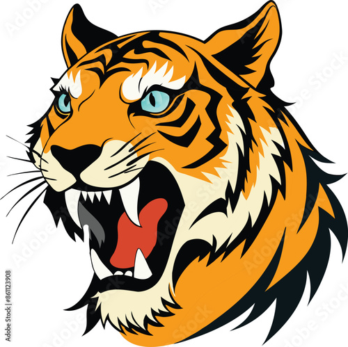 A ferocious tiger with piercing blue eyes and a wide-open maw, revealing sharp teeth. Its orange and black stripes are bold and distinct, and its fur is rendered with a textured, brushstroke effect.