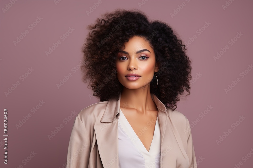 A woman with curly hair is wearing a tan jacket and white shirt A woman with curly hair is wearing a tan jacket and white shirt