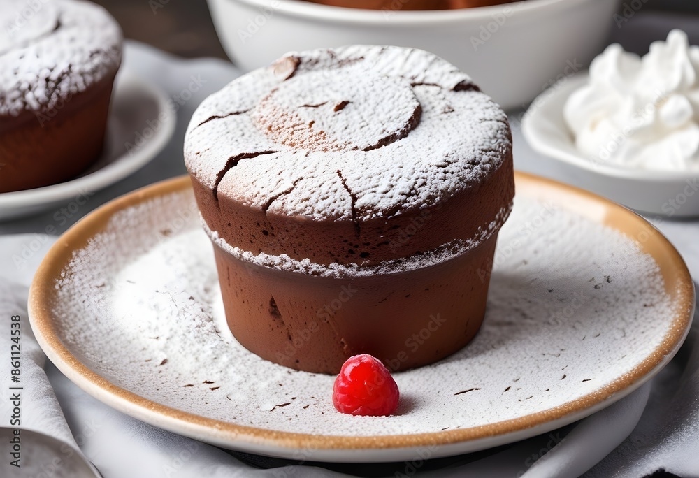 Chocolate soufflé, chocolate cake served warm, sprinkled with powdered sugar Chocolate soufflé, chocolate cake served warm, sprinkled with powdered sugar