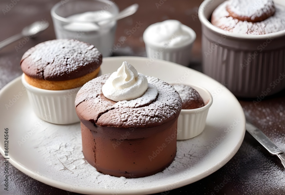 Chocolate soufflé, chocolate cake served warm, sprinkled with powdered sugar Chocolate soufflé, chocolate cake served warm, sprinkled with powdered sugar