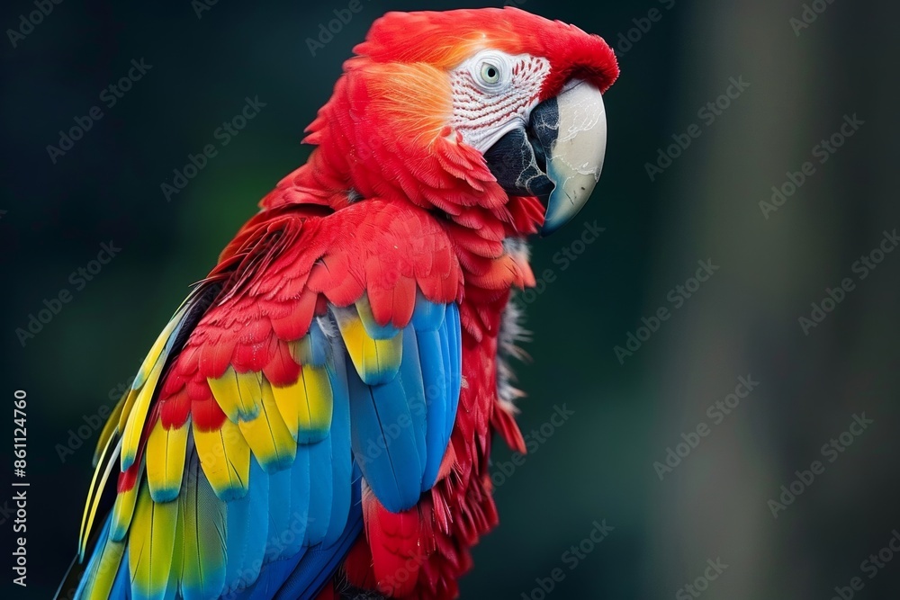 Close-up of a vibrant primary-colored parrot with vivid red feathers, showcasing intricate details and vibrant hues Close-up of a vibrant primary-colored parrot with vivid red feathers, showcasing intricate details and vibrant hues