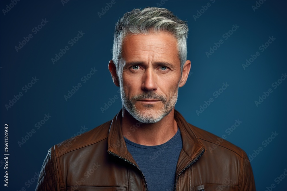 Fototapeta premium A man with a beard and gray hair is wearing a brown jacket and blue shirt