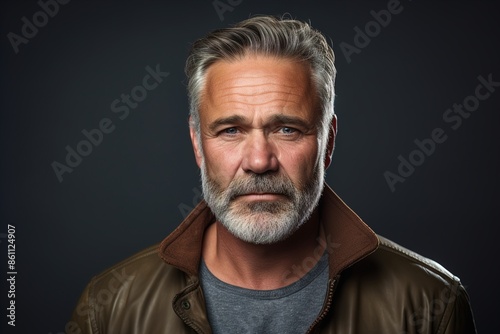A man with a beard and gray hair is wearing a brown jacket and a gray shirt