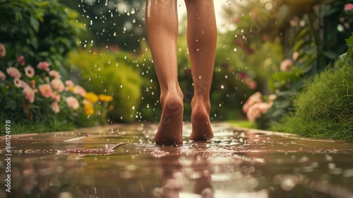 Relaxed Woman's Feet in a Rainy Garden Scene Generative AI